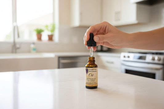 Grapevine Botanicals oil bottle on a white background