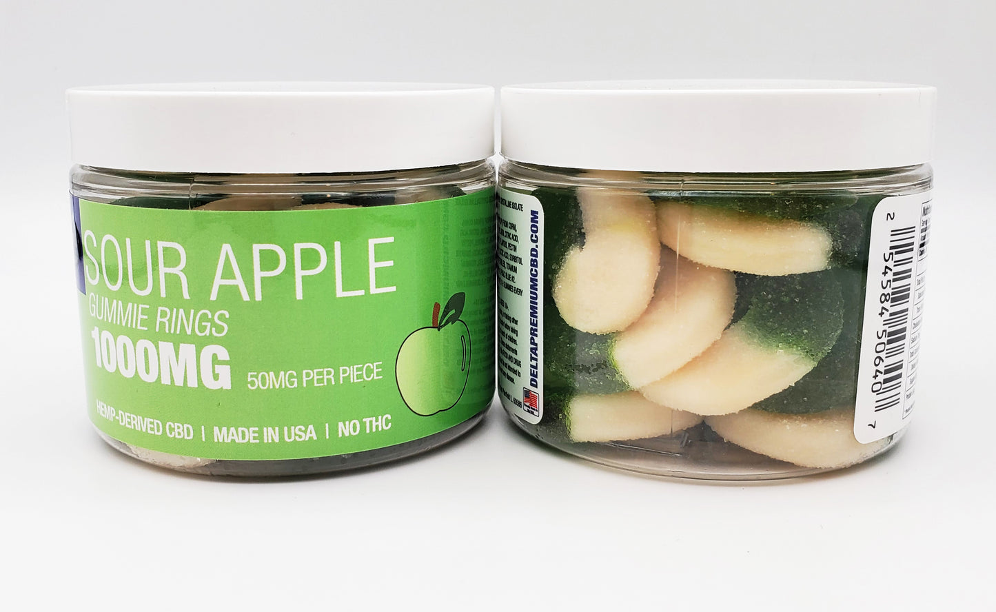 Delta Premium CBD 1000 Sour Apple Gummie Rings Full Size Image and Side Picture. Hemp-Derived CBD with NO THC. 50mg CBD Gummies, Made in USA.