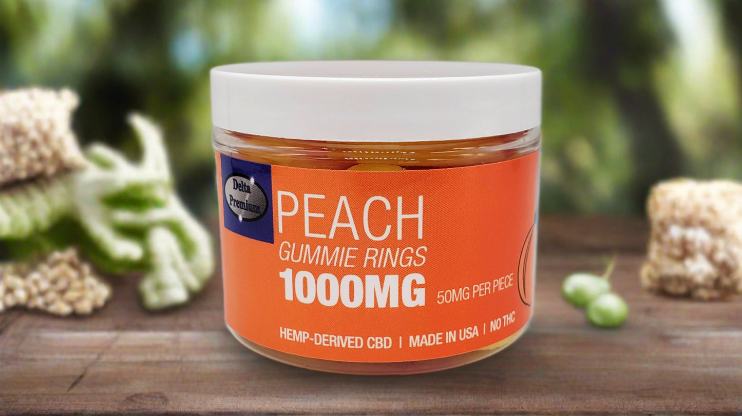 Delta Premium CBD 1000mg Peach Gummie Rings. Hemp-Derived CBD with NO THC. 50mg CBD Gummies, Made in USA.