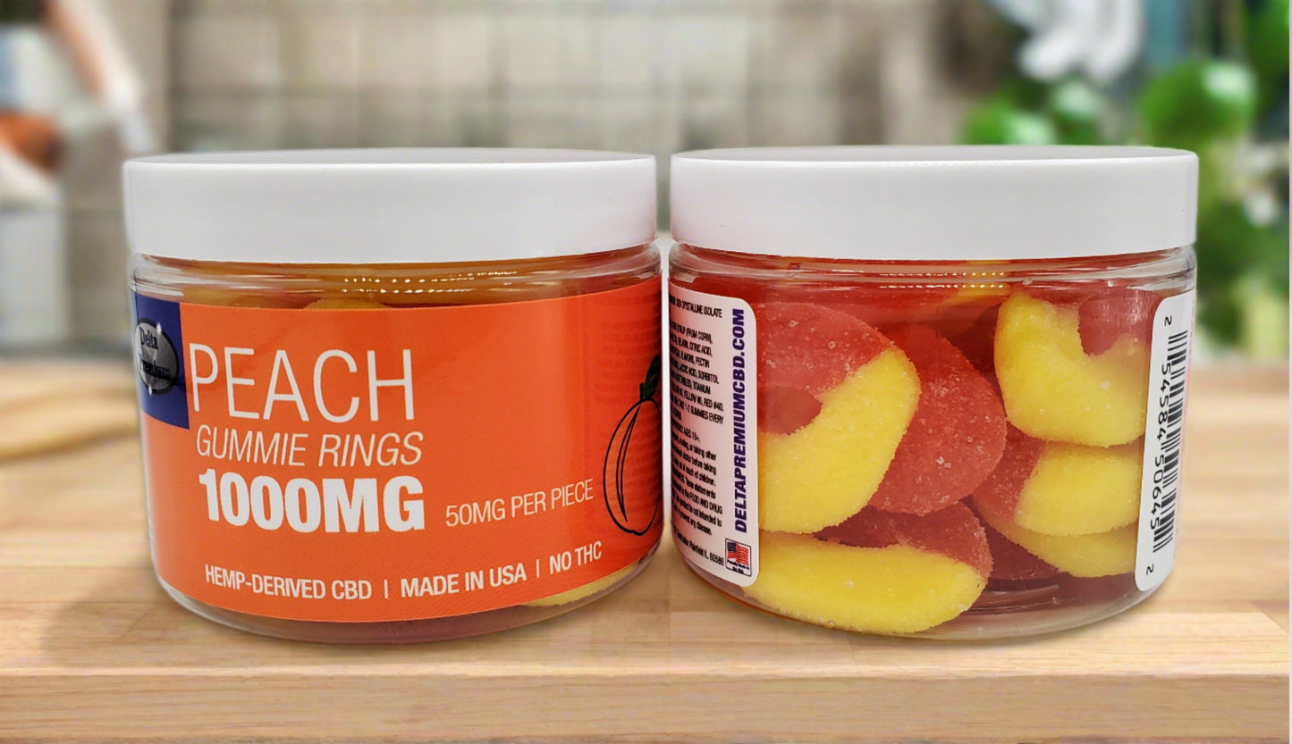 Delta Premium CBD 1000mg Peach Gummie Rings Full Size Image and Side Picture. Hemp-Derived CBD with NO THC. 50mg CBD Gummies, Made in USA.