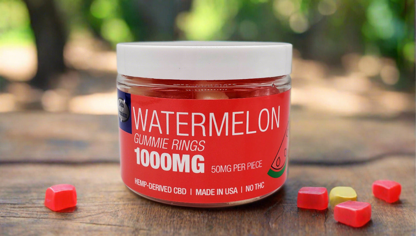 Delta Premium CBD 1000 Watermelon Gummie Rings. Hemp-Derived CBD with NO THC. 50mg CBD Gummies, Made in USA.