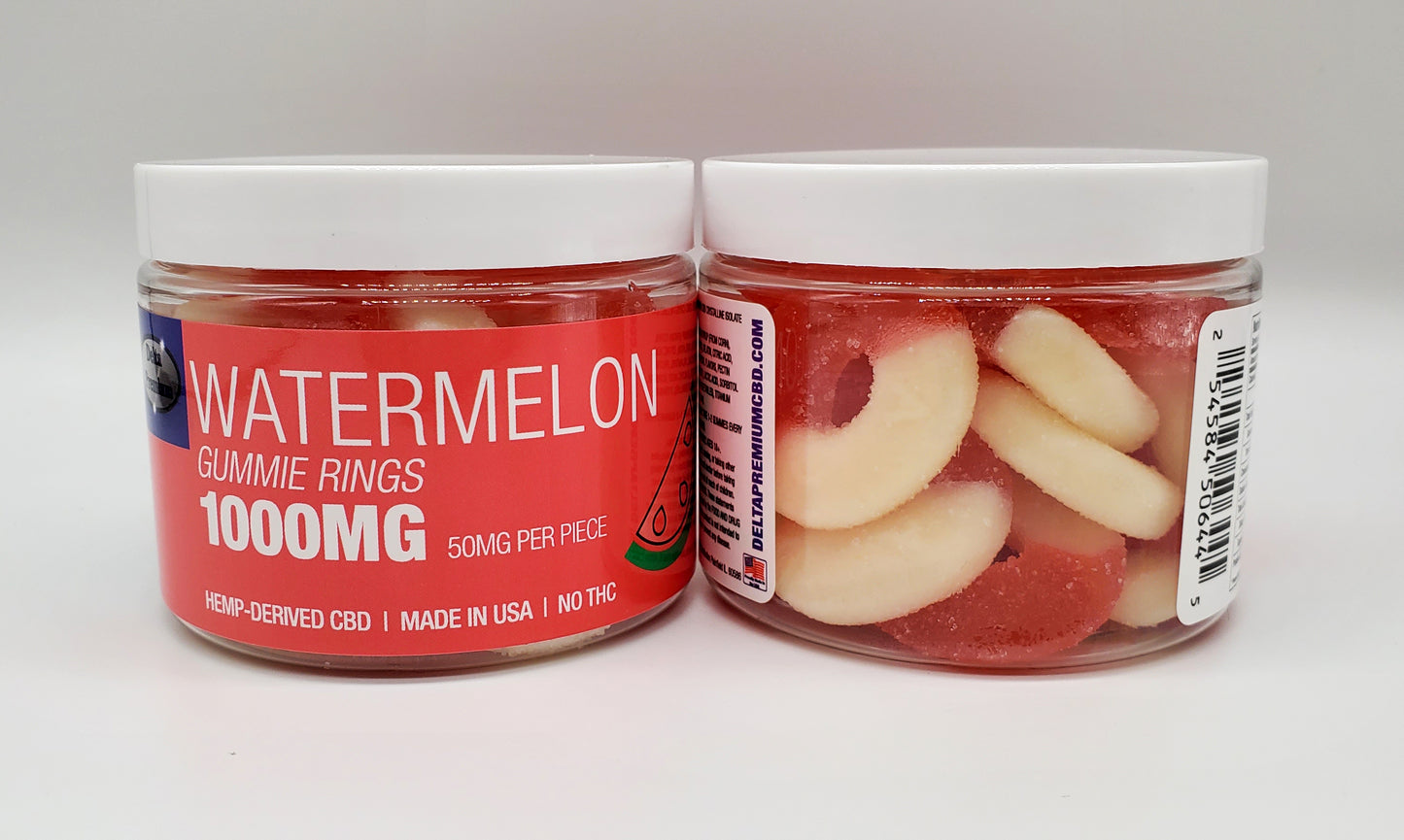 Delta Premium CBD 1000 Watermelon Gummie Rings Full Size Image and Side Description. Hemp-Derived CBD with NO THC. 50mg CBD Gummies, Made in USA.