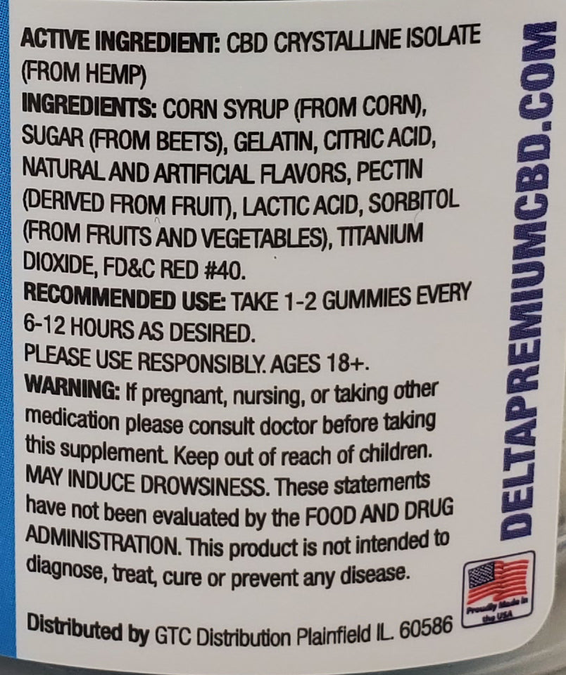 Delta Premium CBD 1000mg Blue Raspberry Gummie Rings Ingredients list and Recommended Use Description.