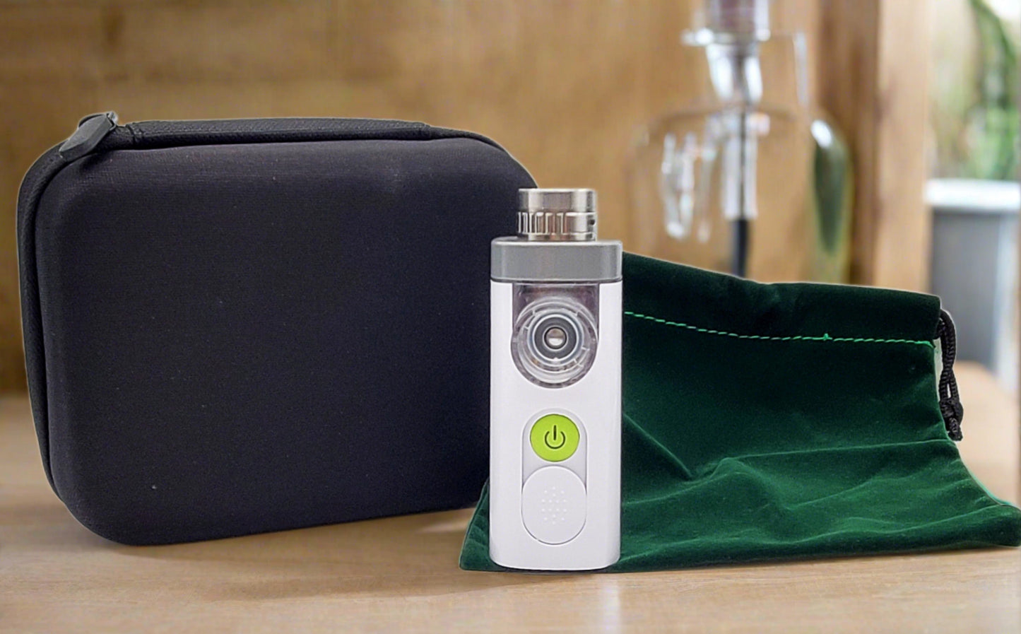 CBD nebulizer water using mineral water and CBD crystals, used on medical atomizer for aerosol therapy.