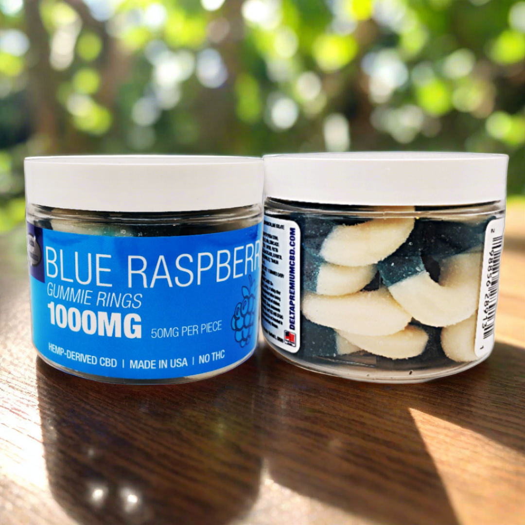 Delta Premium CBD Blue Raspberry Gummie Rings in Jar 1000mg