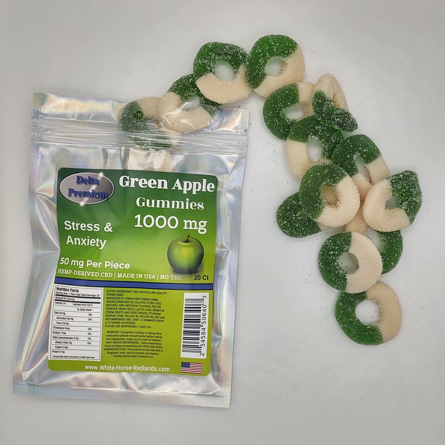 Sour Apple CBD Gummy Rings - 1000mg Delta Premium CBD, 20 Count