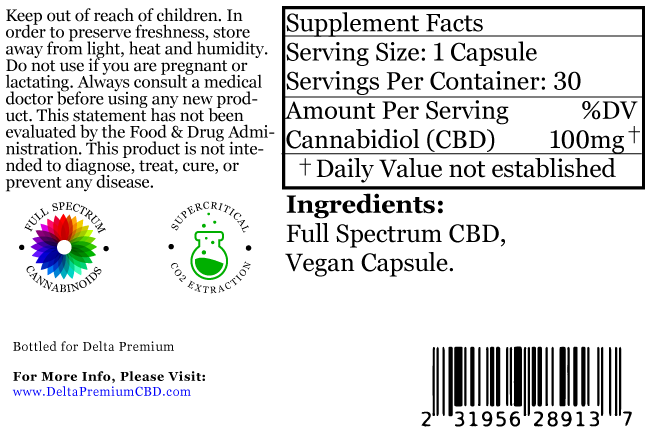 Delta Premium 100mg CBD Vegan Capsules. Supplement Facts and Ingredients list.