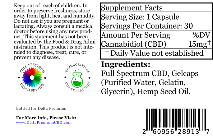 Delta Premium 15mg CBD Gel Capsules. Supplement Facts and Ingredients list.