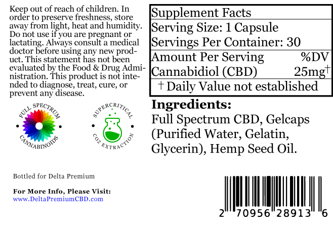 Delta Premium 25mg CBD Gel Capsules. Supplement Facts and Ingredients list.