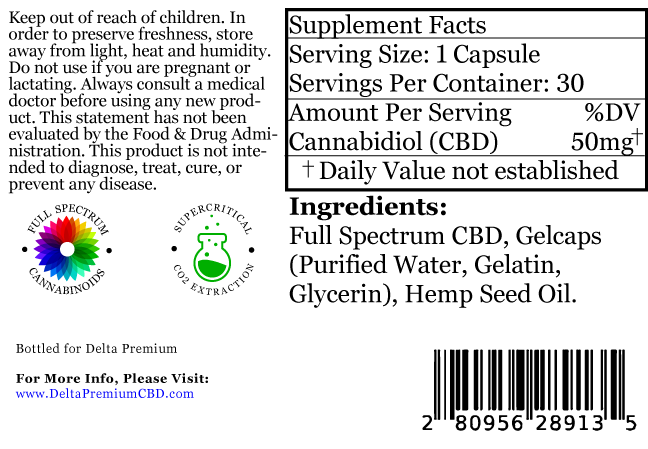 Delta Premium 50mg CBD Gel Capsules. Supplement Facts and Ingredients list.