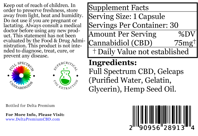 Delta Premium 75mg CBD Gel Capsules. Supplement Facts and Ingredients list.