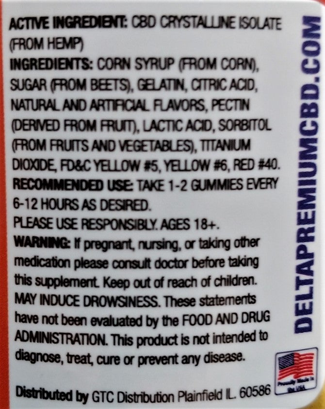 Delta Premium CBD 1000mg Peach Gummie Rings Ingredients list and Recommended Use Description.