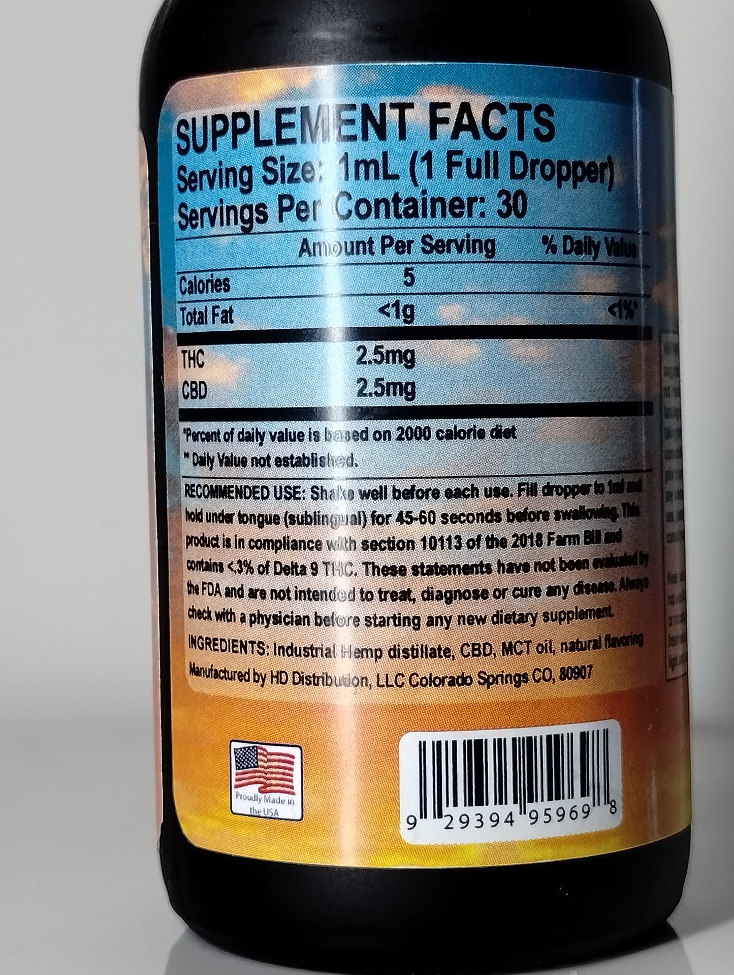 Full spectrum THC/CBD daytime tincture oil 2.5mg 30ml bottle