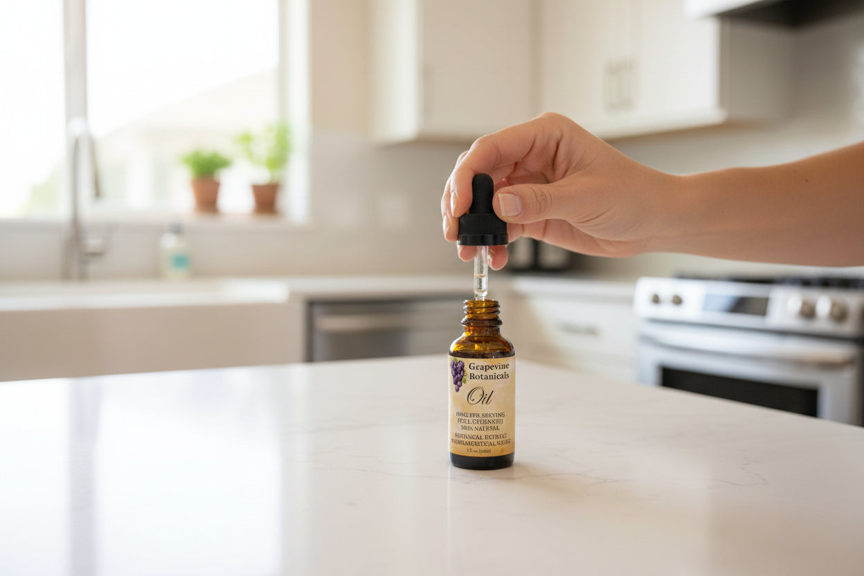 Grapevine Botanicals oil bottle on a white background