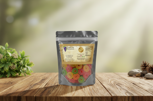 Packaged gummy candies with a visible brand label on a gray background