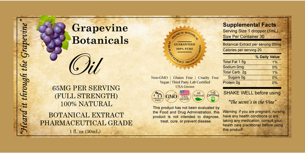 Grapevine Botanicals oil label with product details and branding elements.