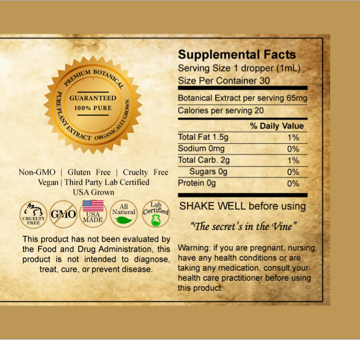 Supplement label with botanical extract information on a beige background