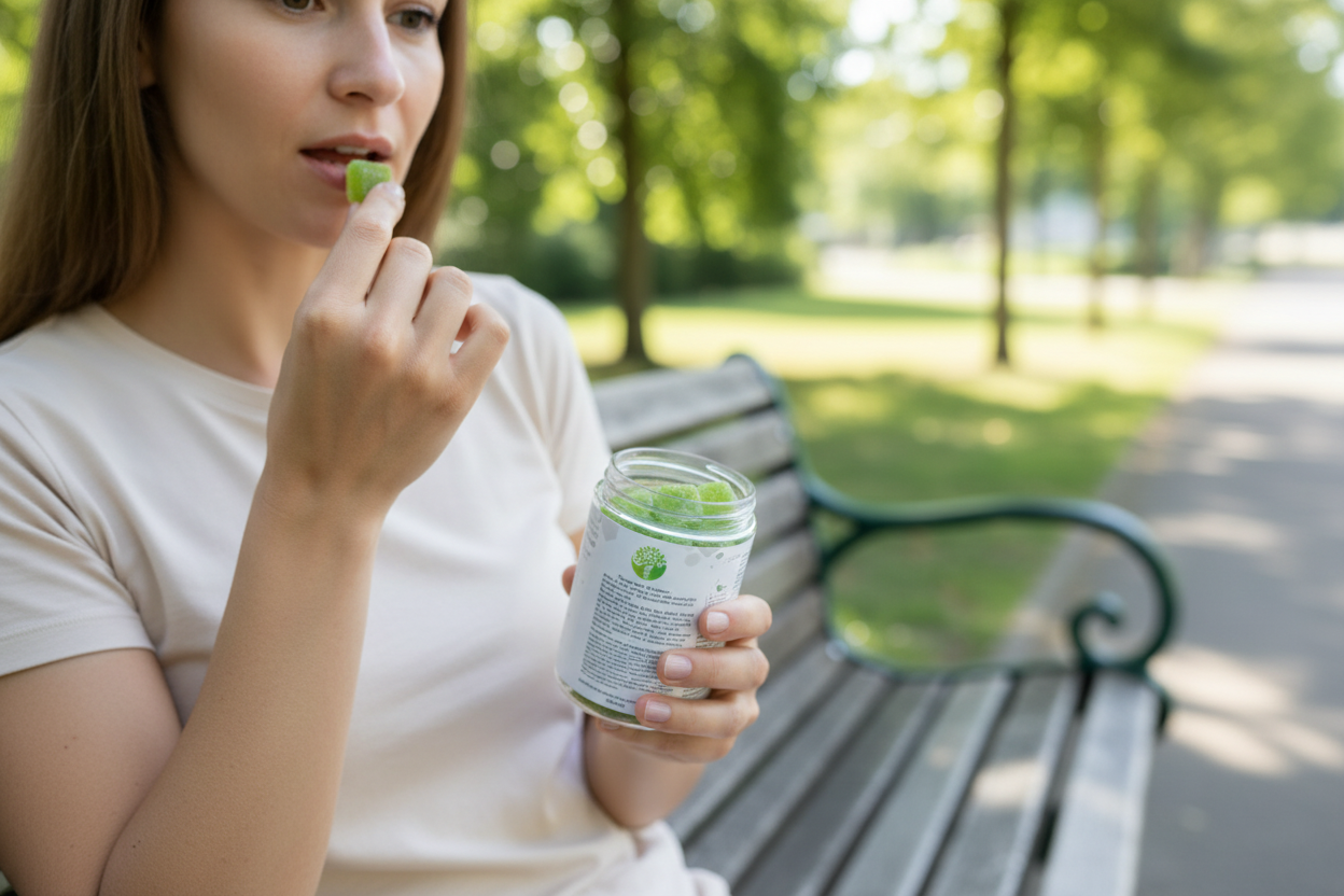 A jar of CBD vegan gummies spilling out with green apple flavored gummy candies on a white background.