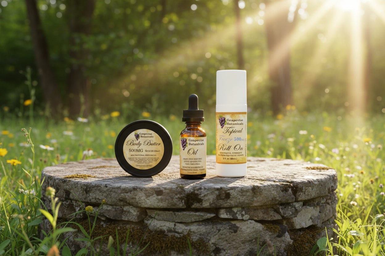Collection of Grapevine Botanicals skincare products including body butter, oil, and roll-on on a white background.