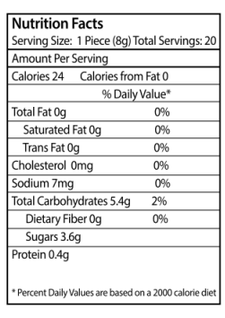 Nutrition facts label for a food product with serving size, calories, and nutritional content details.