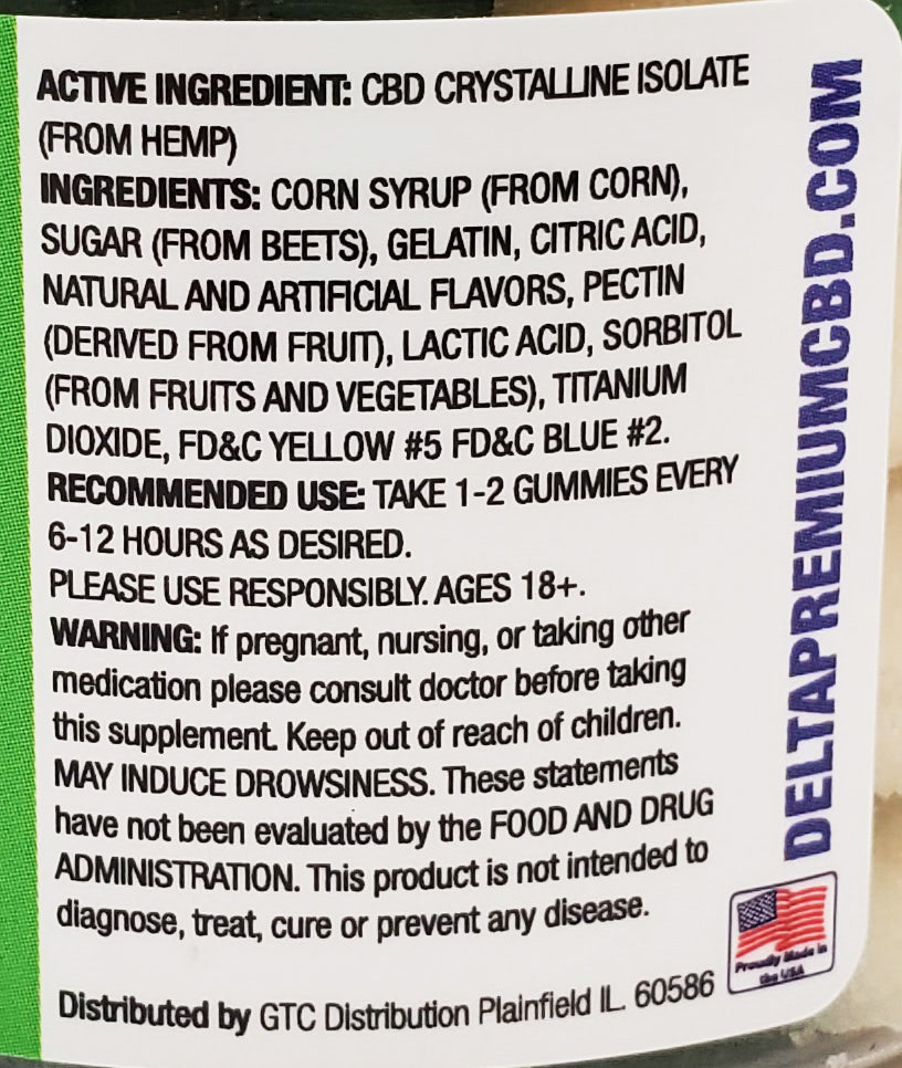 Delta Premium CBD 1000 Sour Apple Gummie Rings Ingredient List and Recommended Use Description.