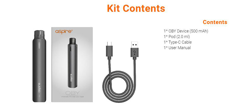 Aspire OBY Kit Contents 1 POD 1 Type-C Cable 1 User Manual