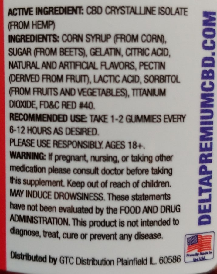 Delta Premium CBD 1000 Watermelon Gummie Rings Ingredients list and Recommended Use Description.