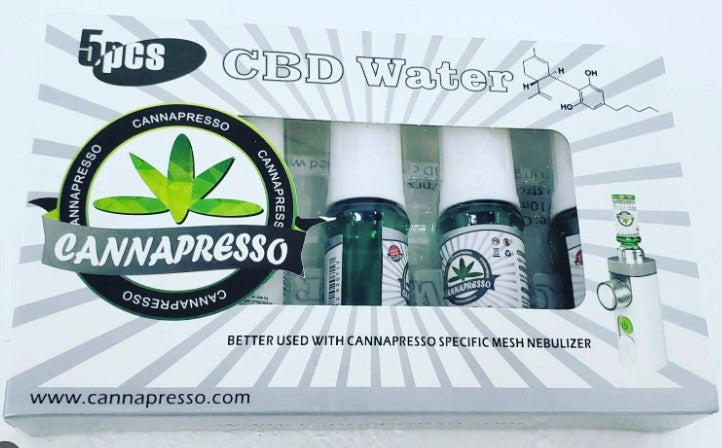 CBD nebulizer water using mineral water and CBD crystals, used on medical atomizer for aerosol therapy.